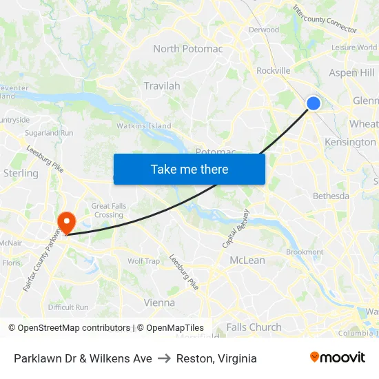 Parklawn Dr & Wilkens Ave to Reston, Virginia map
