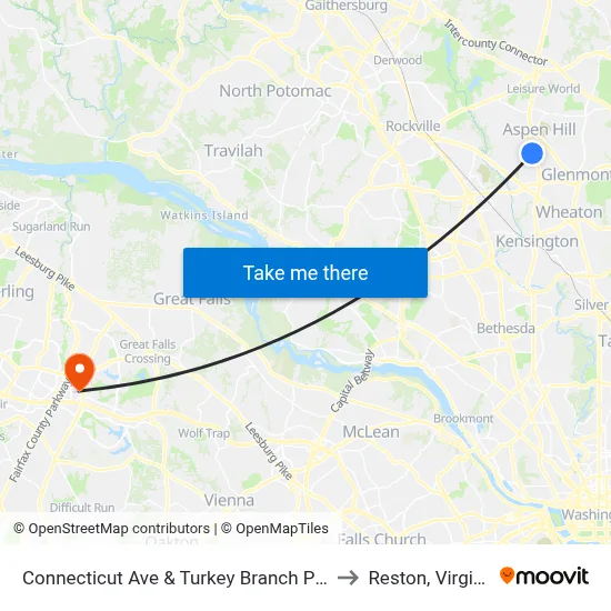Connecticut Ave & Turkey Branch Pkwy to Reston, Virginia map