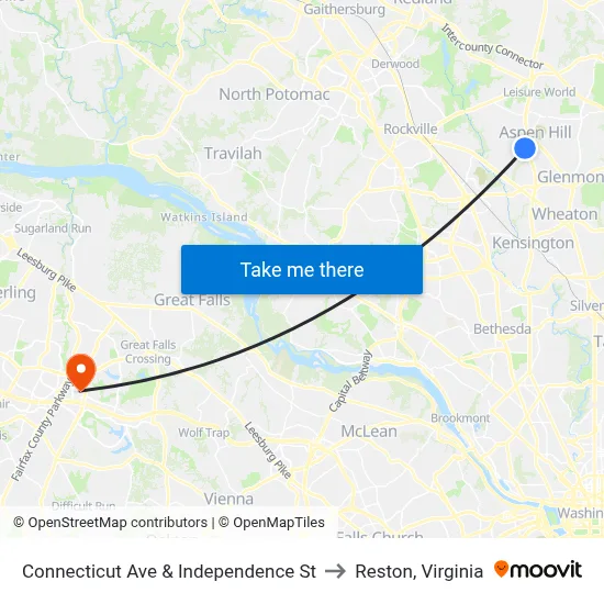 Connecticut Ave & Independence St to Reston, Virginia map