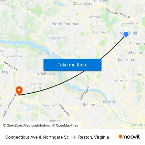 Connecticut Ave & Northgate Sc to Reston, Virginia map