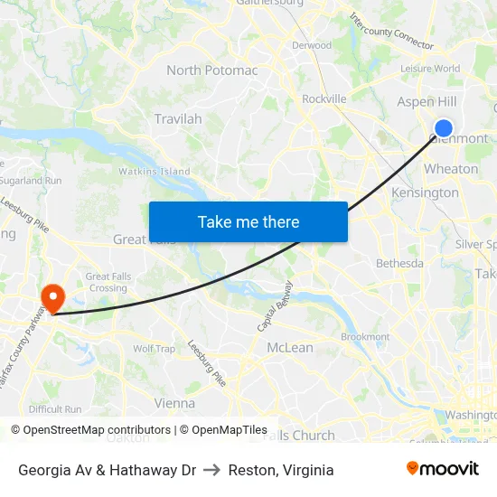 Georgia Av & Hathaway Dr to Reston, Virginia map