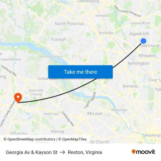 Georgia Av & Kayson St to Reston, Virginia map
