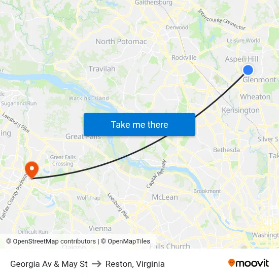 Georgia Av & May St to Reston, Virginia map