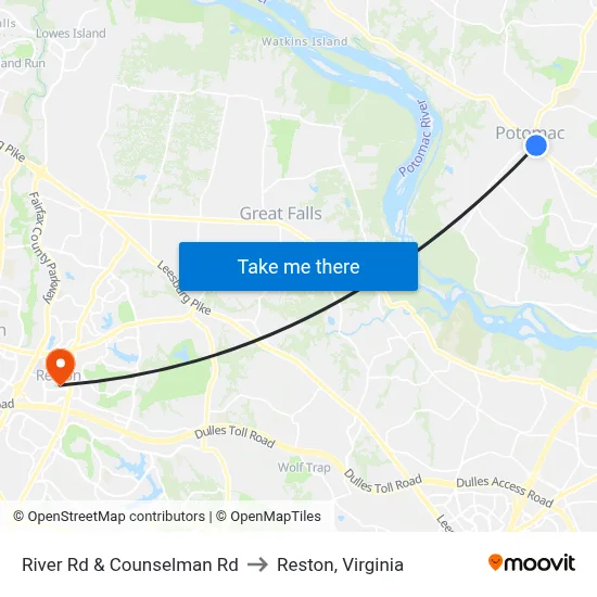River Rd & Counselman Rd to Reston, Virginia map