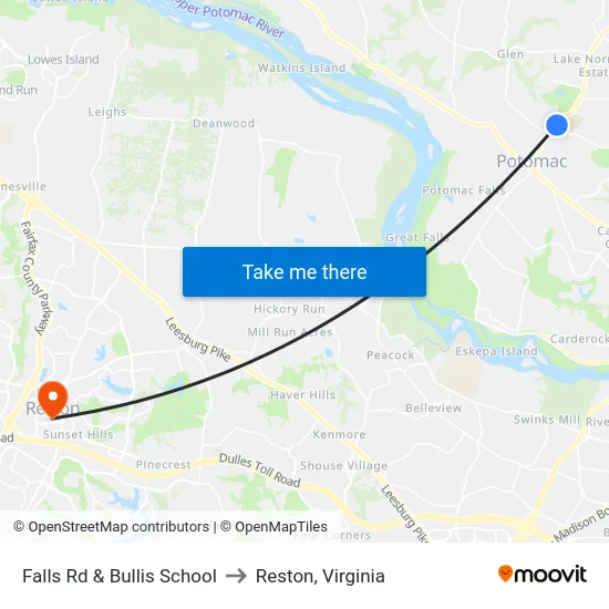 Falls Rd & Bullis School to Reston, Virginia map