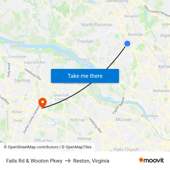Falls Rd & Wooton Pkwy to Reston, Virginia map