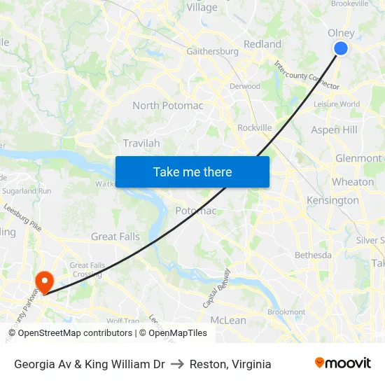 Georgia Av & King William Dr to Reston, Virginia map