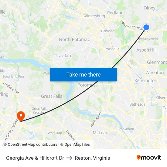 Georgia Ave & Hillcroft Dr to Reston, Virginia map