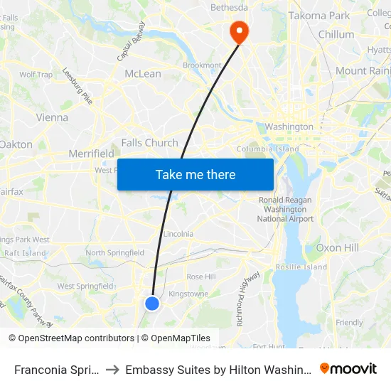 Franconia Springfield Station to Embassy Suites by Hilton Washington DC Chevy Chase Pavilion map