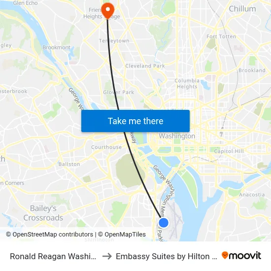Ronald Reagan Washington National Airport - Garage A to Embassy Suites by Hilton Washington DC Chevy Chase Pavilion map