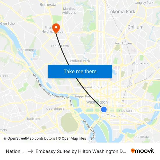 National Mall to Embassy Suites by Hilton Washington DC Chevy Chase Pavilion map