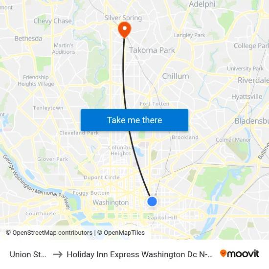 Union Station to Holiday Inn Express Washington Dc N-Silver Spring map