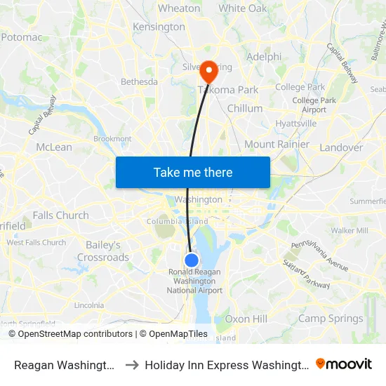 Reagan Washington Airport DCA to Holiday Inn Express Washington Dc N-Silver Spring map