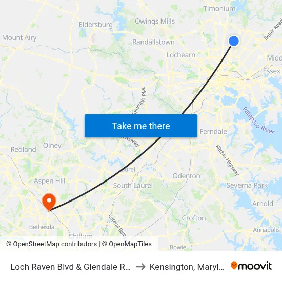 Loch Raven Blvd & Glendale Rd Sb to Kensington, Maryland map