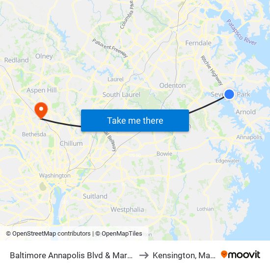 Baltimore Annapolis Blvd & Marbury Rd Sb to Kensington, Maryland map