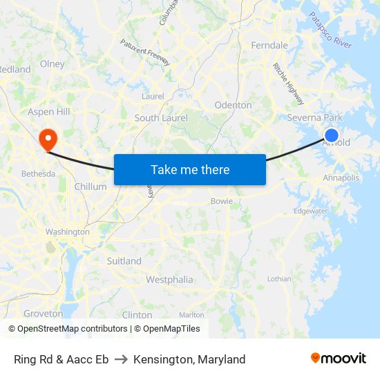 Ring Rd & Aacc Eb to Kensington, Maryland map