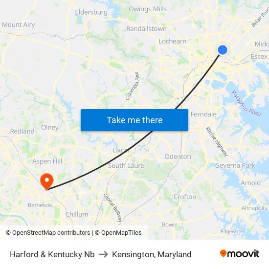 Harford & Kentucky Nb to Kensington, Maryland map
