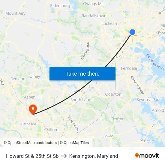 Howard St & 25th St Sb to Kensington, Maryland map