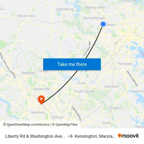Liberty Rd & Washington Ave Sb to Kensington, Maryland map