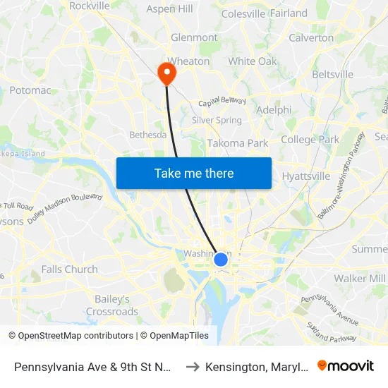Pennsylvania Ave & 9th St NW Wb to Kensington, Maryland map