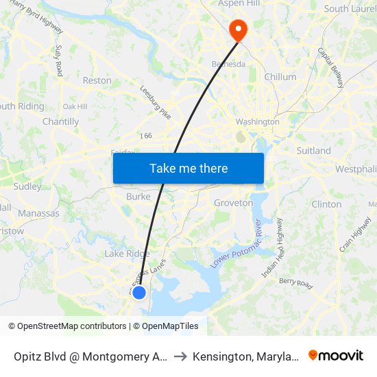 Opitz Blvd @ Montgomery Ave to Kensington, Maryland map