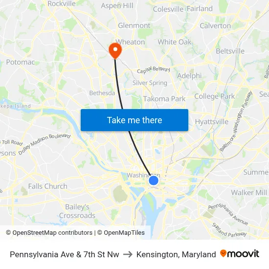Pennsylvania Ave & 7th St Nw to Kensington, Maryland map