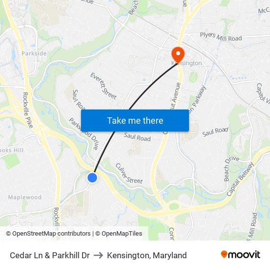 Cedar Ln & Parkhill Dr to Kensington, Maryland map