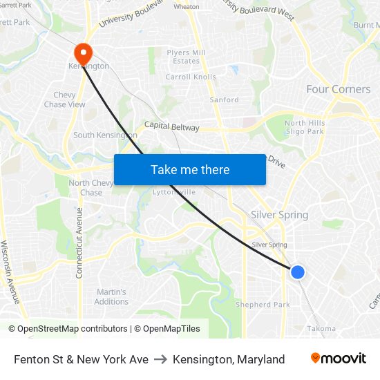 Fenton St & New York Ave to Kensington, Maryland map