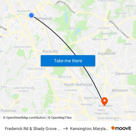 Frederick Rd & Shady Grove Rd to Kensington, Maryland map