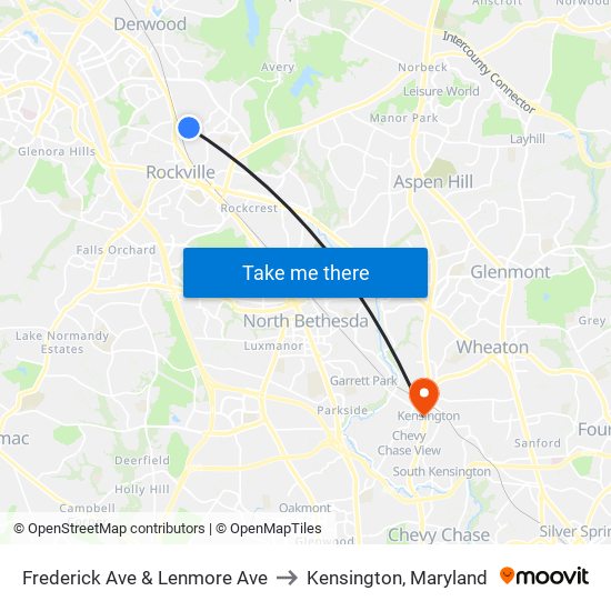 Frederick Ave & Lenmore Ave to Kensington, Maryland map