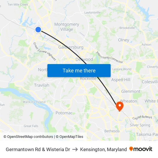 Germantown Rd & Wisteria Dr to Kensington, Maryland map