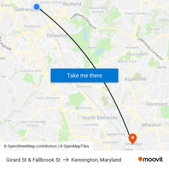 Girard St & Fallbrook St to Kensington, Maryland map