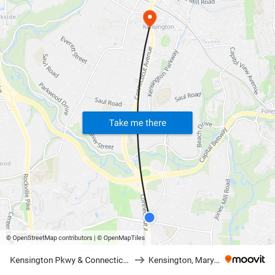 Kensington Pkwy & Connecticut Ave to Kensington, Maryland map