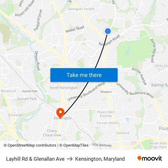 Layhill Rd & Glenallan Ave to Kensington, Maryland map