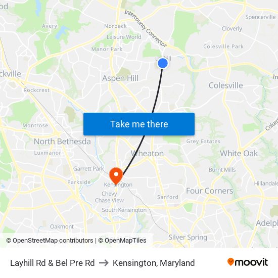 Layhill Rd & Bel Pre Rd to Kensington, Maryland map