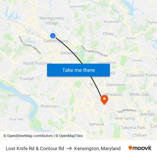 Lost Knife Rd & Contour Rd to Kensington, Maryland map