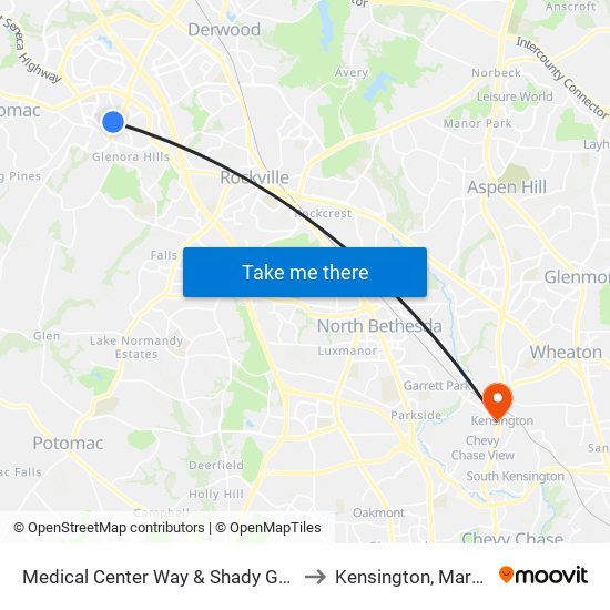 Medical Center Way & Shady Grove Rd to Kensington, Maryland map