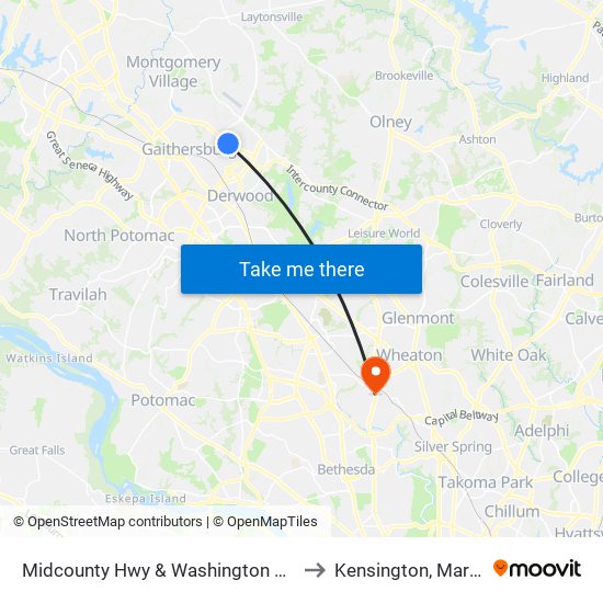 Midcounty Hwy & Washington Grove Ln to Kensington, Maryland map