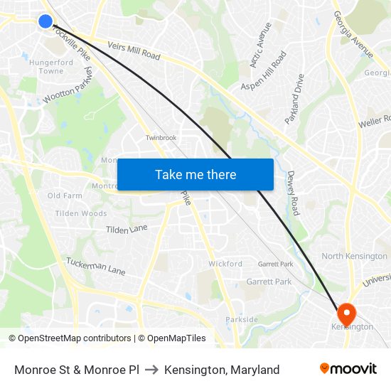 Monroe St & Monroe Pl to Kensington, Maryland map