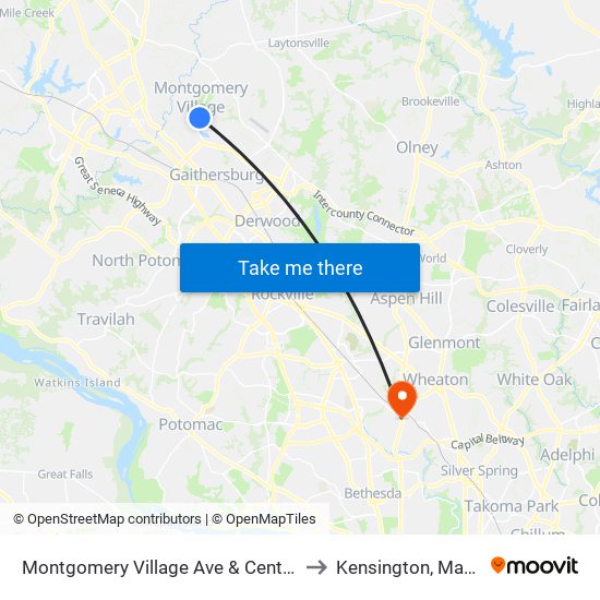 Montgomery Village Ave & Centerway Rd to Kensington, Maryland map