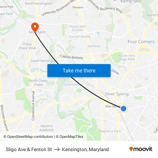 Sligo Ave & Fenton St to Kensington, Maryland map