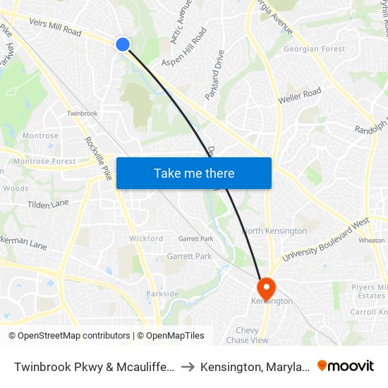 Twinbrook Pkwy & Mcauliffe Dr to Kensington, Maryland map