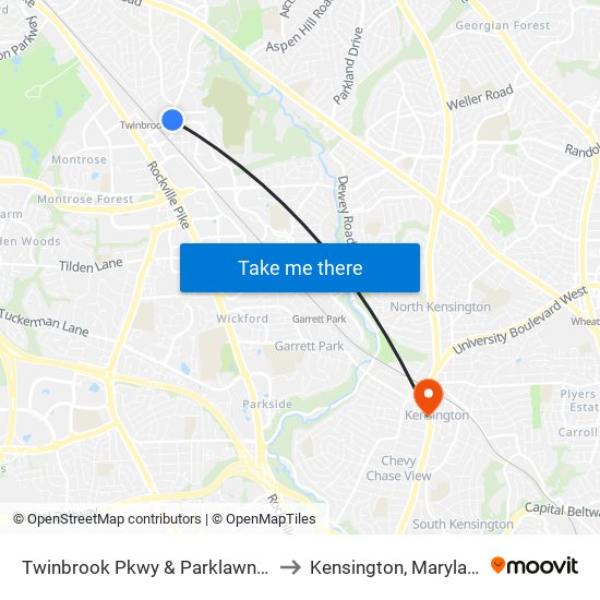 Twinbrook Pkwy & Parklawn Dr to Kensington, Maryland map