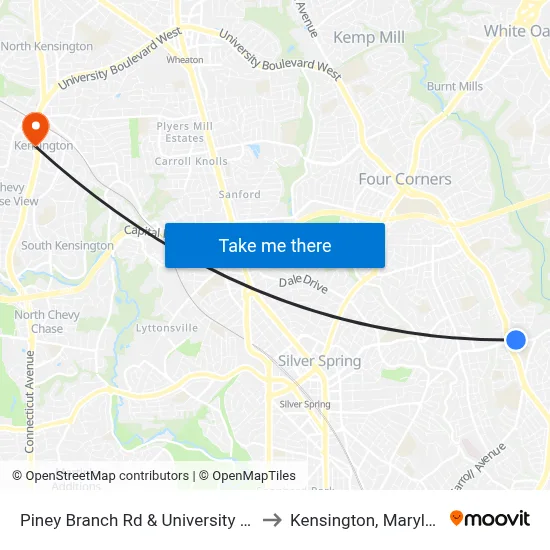 Piney Branch Rd & University Blvd to Kensington, Maryland map