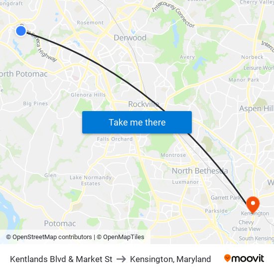 Kentlands Blvd & Market St to Kensington, Maryland map