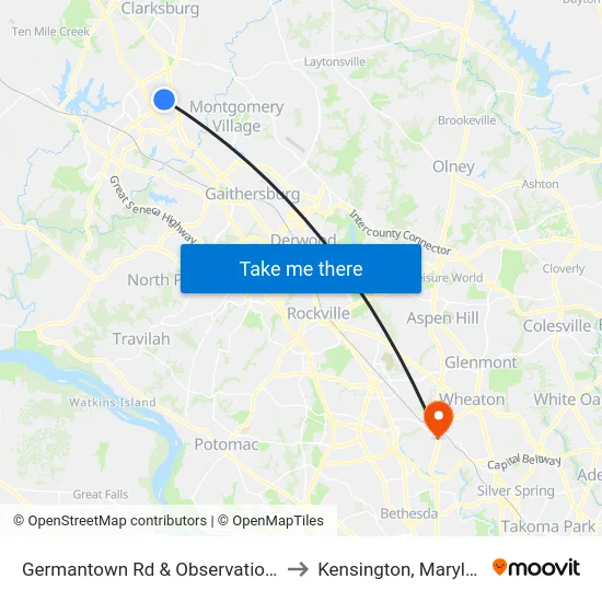 Germantown Rd & Observation Dr to Kensington, Maryland map