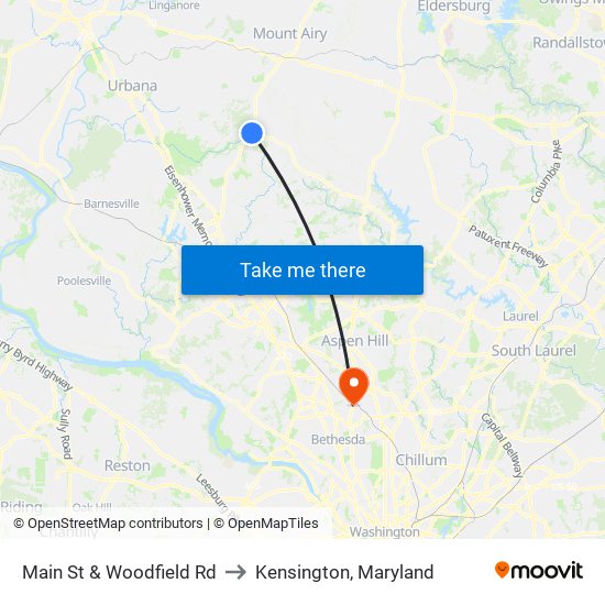 Main St & Woodfield Rd to Kensington, Maryland map