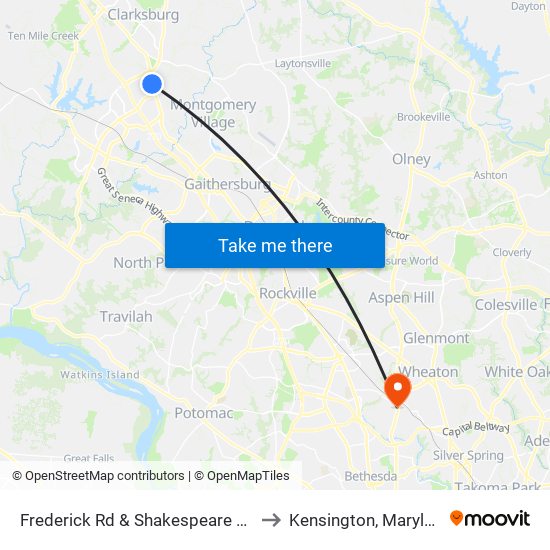 Frederick Rd & Shakespeare Blvd to Kensington, Maryland map