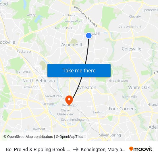 Bel Pre Rd & Rippling Brook Dr to Kensington, Maryland map