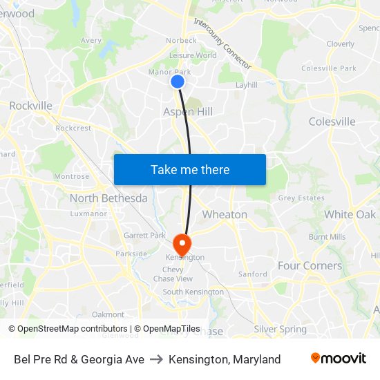 Bel Pre Rd & Georgia Ave to Kensington, Maryland map